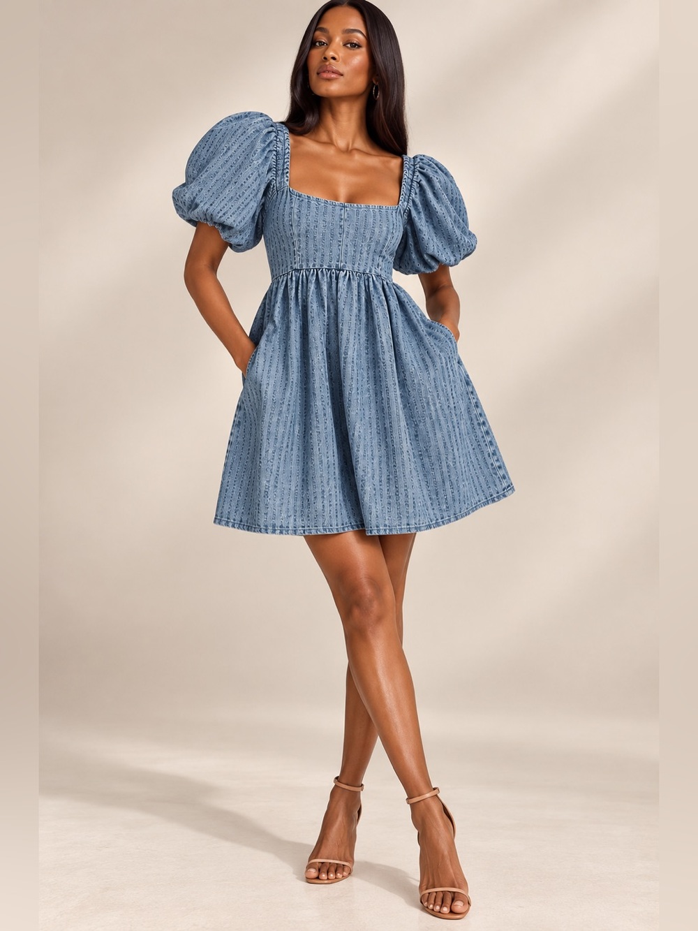 Levi’s Sage Denim Dress Sound Wave Blue Puff Sleeve Textured Denim Dress S